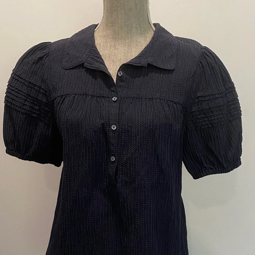 Hudson North Linen Puff Sleeve Blouse Navy Blue Textured Top Size Medium - Picture 8 of 16